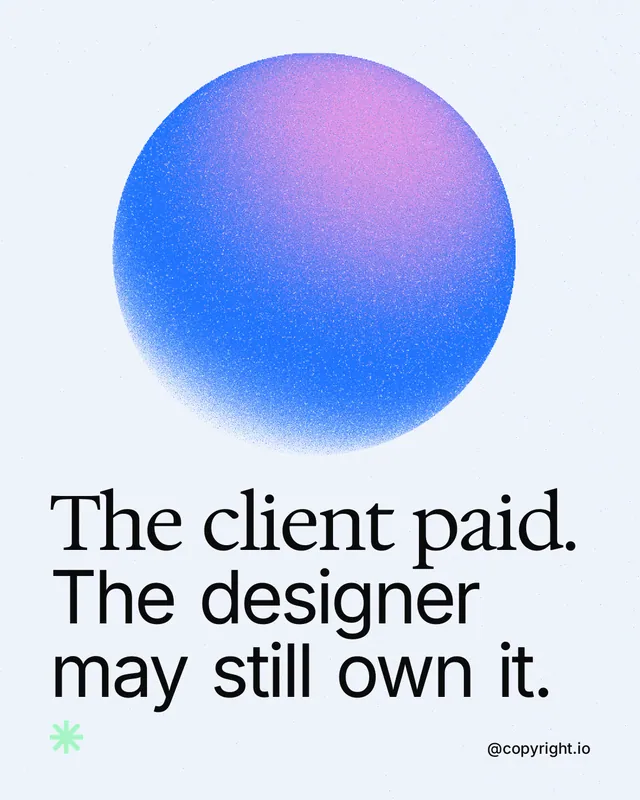 Instagram portrait post for copyright.io: "The client paid. The designer may still own it." Auto 4x5 style, technique:shader field layout, light palette in white, blue.