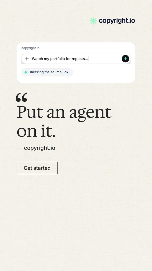 Instagram story for copyright.io: "Put an agent on it." Editorial style, quote layout, light palette in white.