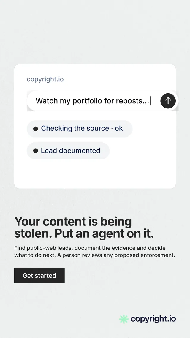 Instagram story for copyright.io: "Your content is being stolen. Put an agent on it." Swiss style, bottom layout, light palette in white, grey.