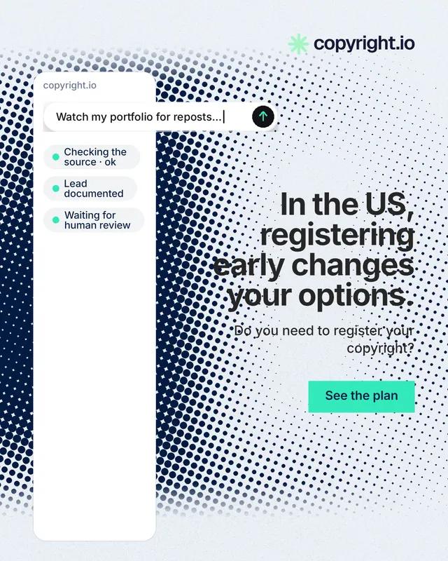 Instagram portrait post for copyright.io: "In the US, registering early changes your options." Swiss style, right layout, light palette in blue, white, grey.