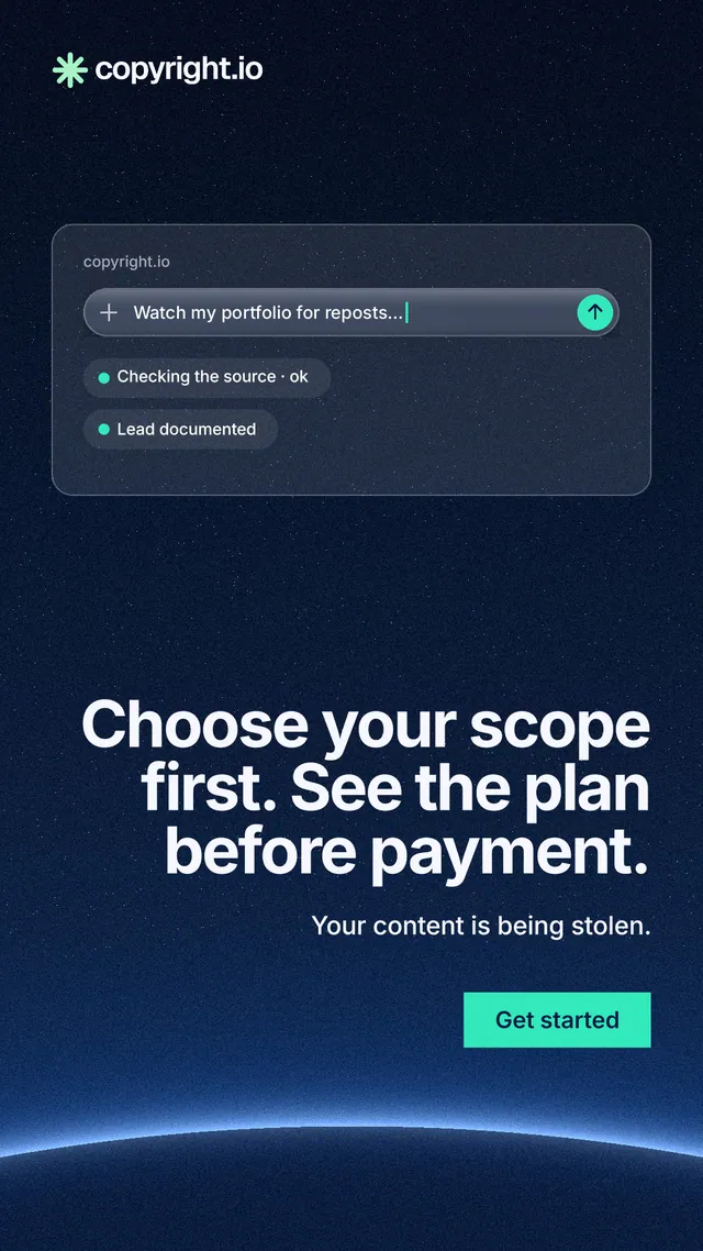 Instagram story for copyright.io: "Choose your scope first. See the plan before payment." Swiss style, right layout, dark palette in blue, black.