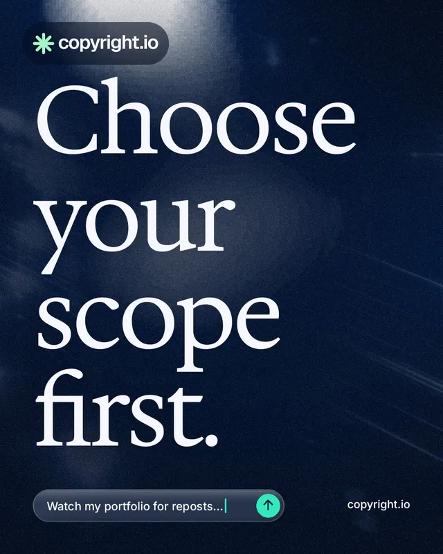 Instagram portrait post for copyright.io: "Choose your scope first." Thermal style, poster layout, dark palette in black, blue, grey.