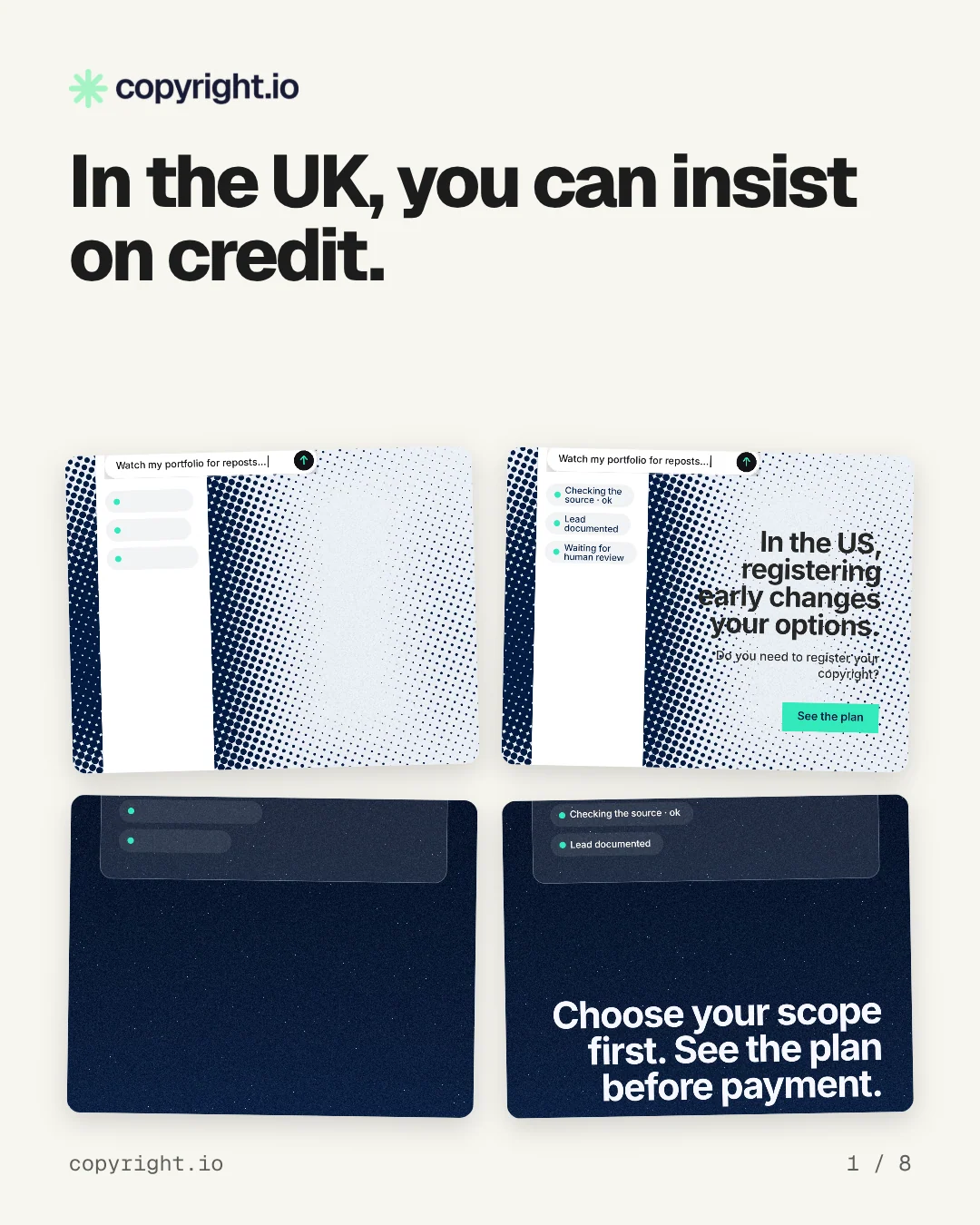 Carousel for copyright.io: "In the UK, you can insist on credit.". Collection carousel, 8 slides, light palette.