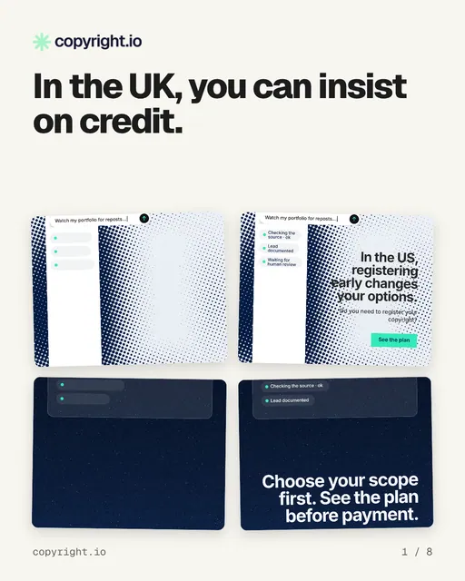 Carousel for copyright.io: "In the UK, you can insist on credit.". Collection carousel, 8 slides, light palette.