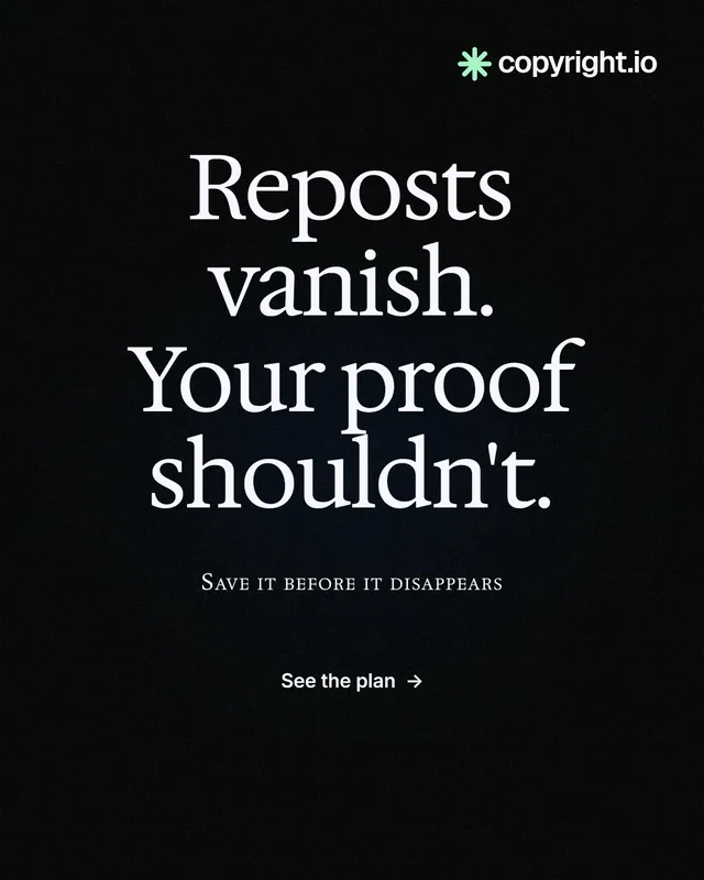 Instagram portrait post for copyright.io: "Reposts vanish. Your proof shouldn't." Phosphor atlas style, smallcaps layout, dark palette in black.