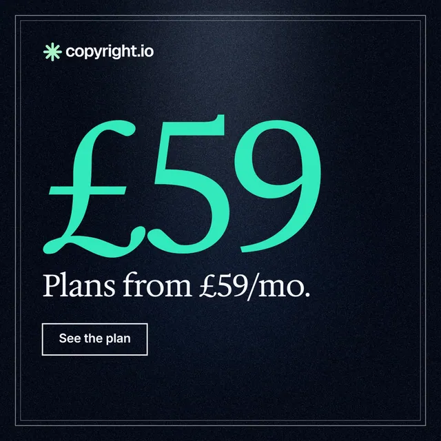 Instagram post for copyright.io: "Protect your work." Dark deco style, stat layout, dark palette in black, blue, teal.