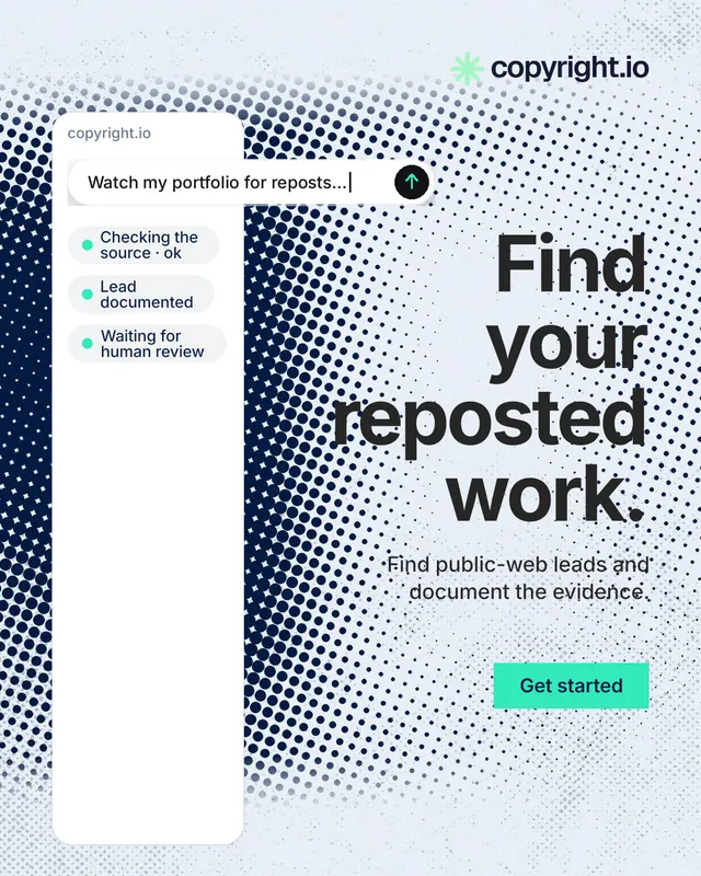 Instagram portrait post for copyright.io: "Find your reposted work." Swiss style, right layout, light palette in blue, grey, white.