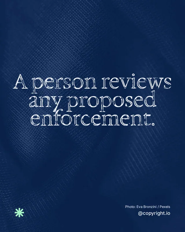 Instagram portrait post for copyright.io: "A person reviews any proposed enforcement." Scribble style, technique:raster type fx layout, dark palette in blue.