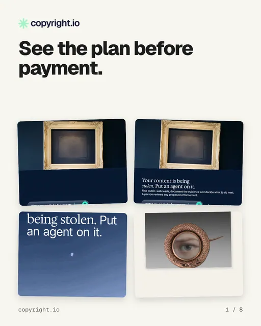 Carousel for copyright.io: "See the plan before payment.". Collection carousel, 8 slides, light palette.