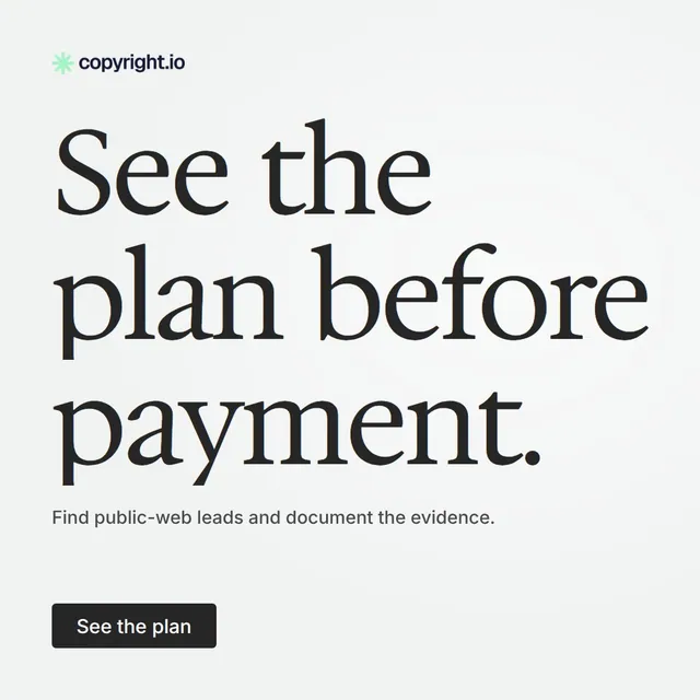 Video for copyright.io: "See the plan before payment.". Doc motion loop, 7.0 s, light palette.