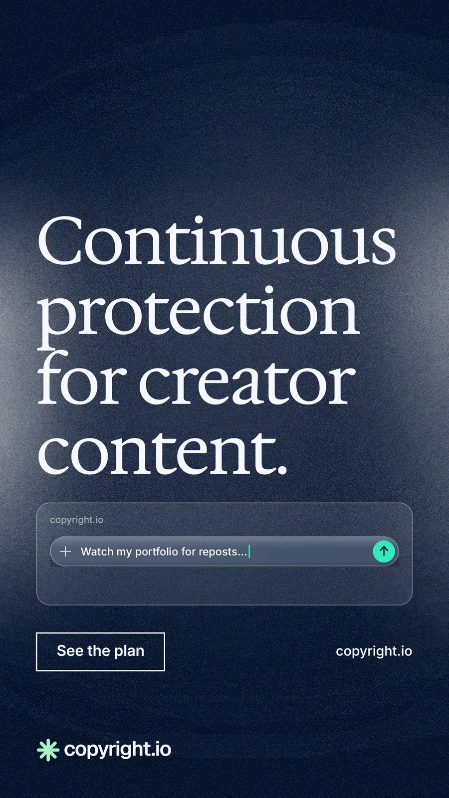 Instagram story for copyright.io: "Continuous protection for creator content." Cyanotype style, poster layout, dark palette in blue, black, grey.