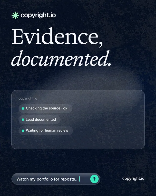 Instagram portrait post for copyright.io: "Evidence, documented." Thermal style, poster layout, dark palette in black, blue, grey.