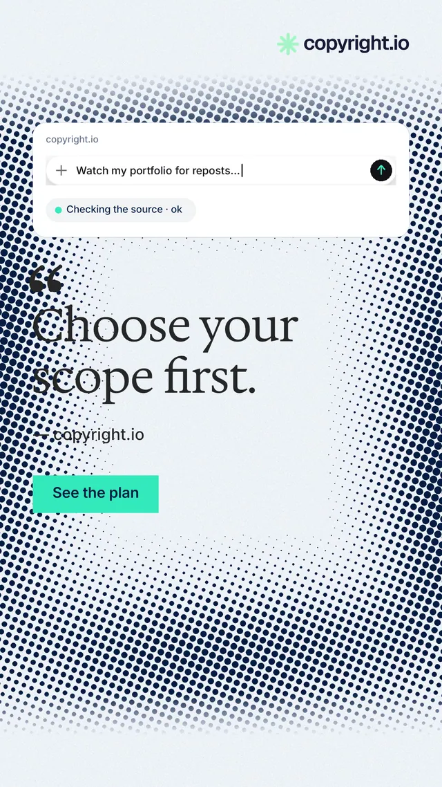 Instagram story for copyright.io: "Choose your scope first." Swiss style, quote layout, light palette in white, grey, blue.
