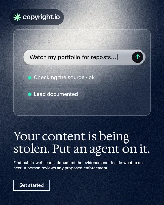 Instagram portrait post for copyright.io: "Your content is being stolen. Put an agent on it." Cyanotype style, bottom layout, dark palette in grey, black, blue.
