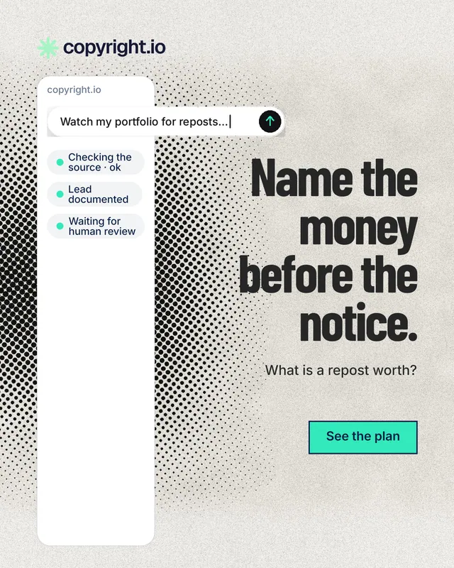 Instagram portrait post for copyright.io: "Name the money before the notice." Ink sticker style, right layout, light palette in white, grey.