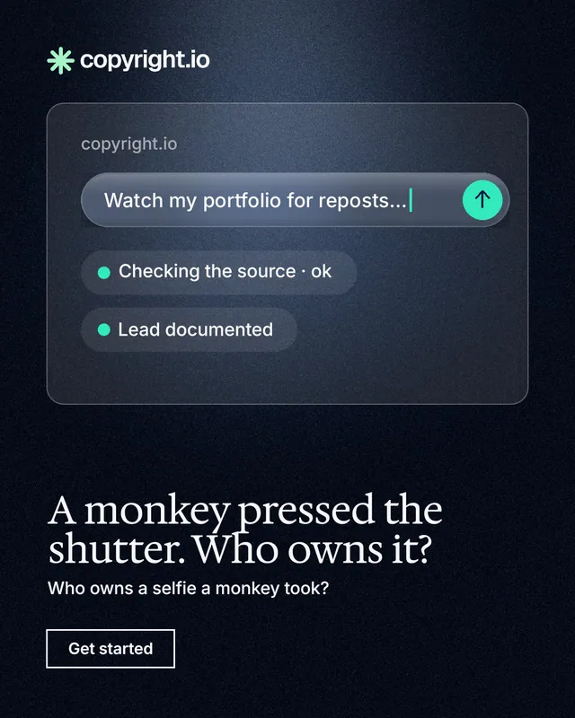 Instagram portrait post for copyright.io: "A monkey pressed the shutter. Who owns it?" Dark deco style, bottom layout, dark palette in black, blue, grey.