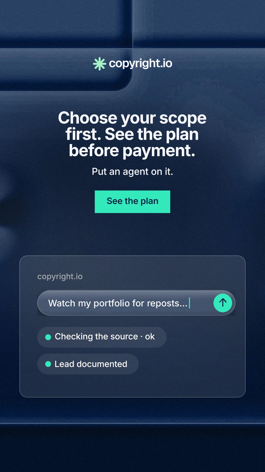 Instagram story for copyright.io: "Choose your scope first. See the plan before payment." Swiss style, centred layout, dark palette in blue, black.