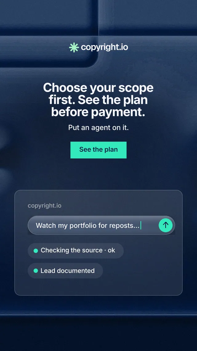 Instagram story for copyright.io: "Choose your scope first. See the plan before payment." Swiss style, centred layout, dark palette in blue, black.
