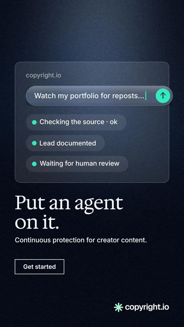 Instagram story for copyright.io: "Put an agent on it." Dark deco style, bottom layout, dark palette in black, blue, grey.