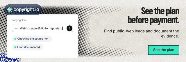 X header for copyright.io: "See the plan before payment." Ink sticker style, right layout, light palette in white, grey.