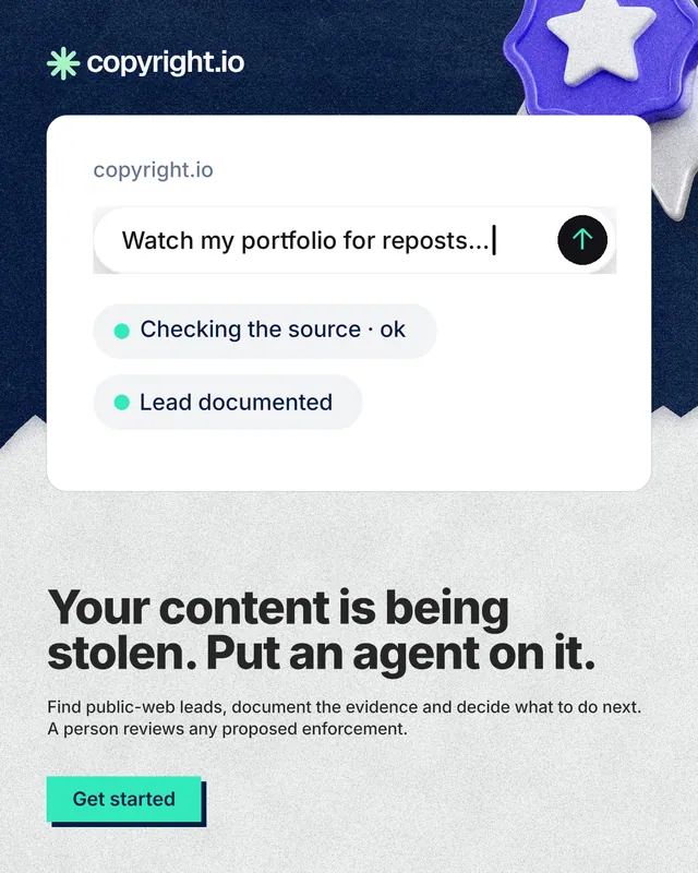 Instagram portrait post for copyright.io: "Your content is being stolen. Put an agent on it." Paper trio style, bottom layout, light palette in white, blue.