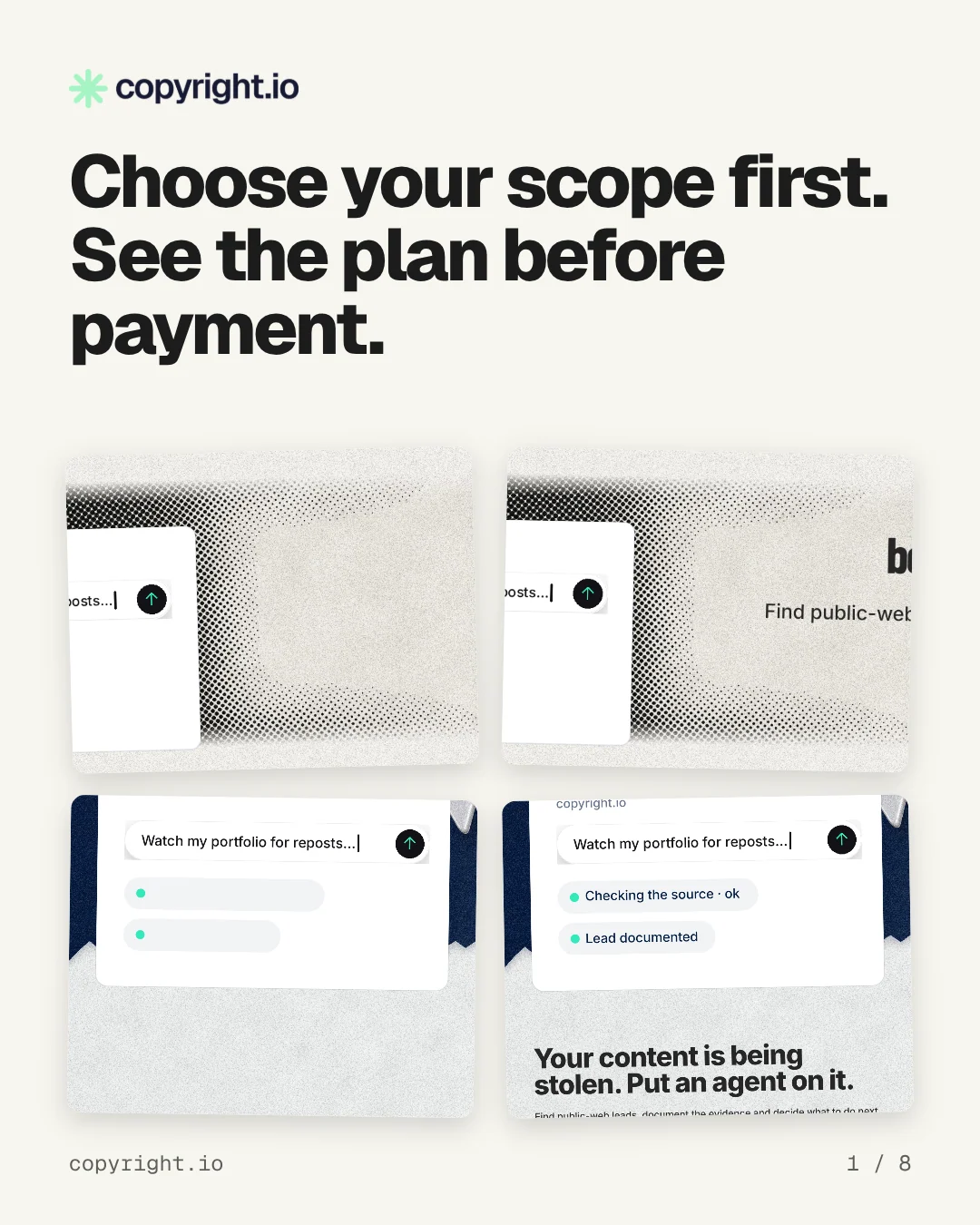 Carousel for copyright.io: "Choose your scope first. See the plan before payment.". Collection carousel, 8 slides, light palette.