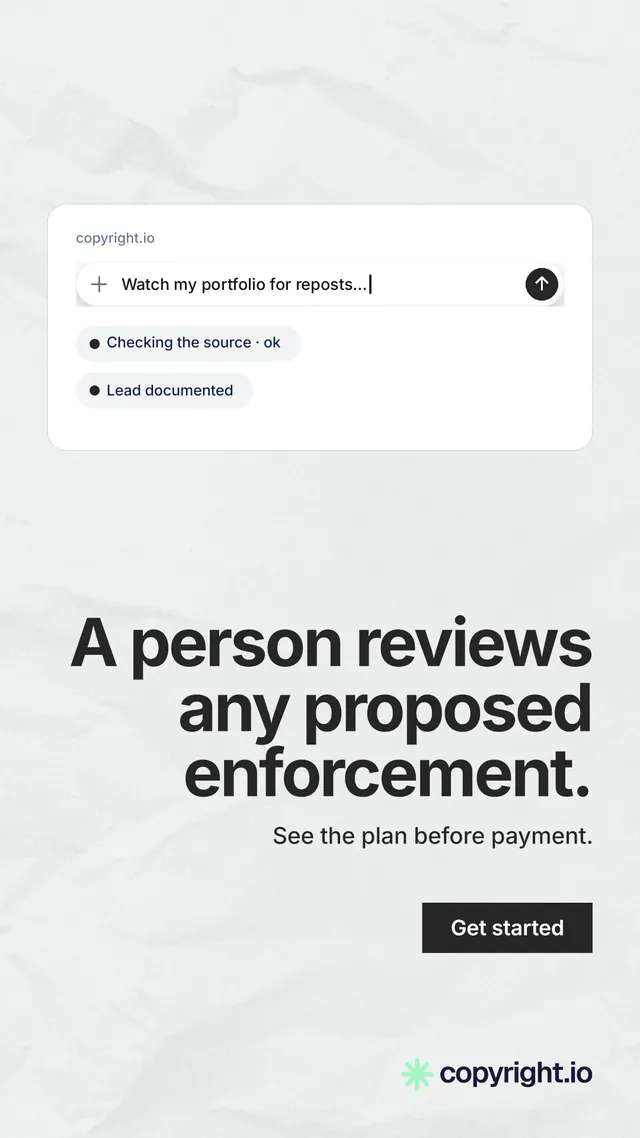 Instagram story for copyright.io: "A person reviews any proposed enforcement." Swiss style, right layout, light palette in white, grey.