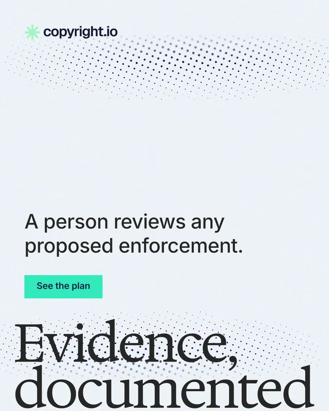Instagram portrait post for copyright.io: "Evidence, documented." Swiss style, oversized layout, light palette in white, grey.