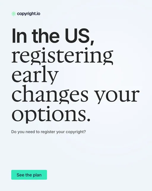 Video for copyright.io: "In the US, registering early changes your options.". Doc motion loop, 8.0 s, light palette.