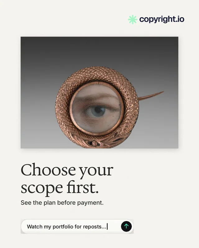 Instagram portrait post for copyright.io: "Choose your scope first." Agentic glass style, bottom layout, light palette in white, grey.