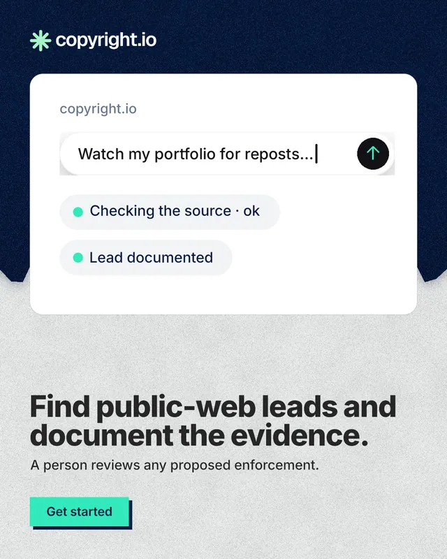 Instagram portrait post for copyright.io: "Find public-web leads and document the evidence." Paper trio style, bottom layout, light palette in white, blue.