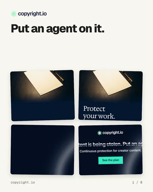 Carousel for copyright.io: "Put an agent on it.". Collection carousel, 8 slides, light palette.