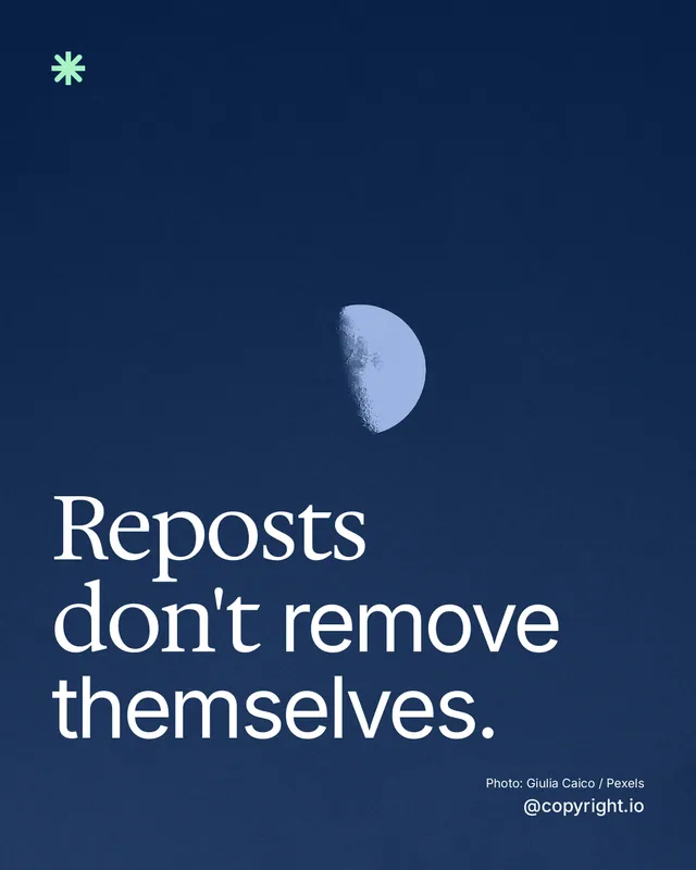 Instagram portrait post for copyright.io: "Reposts don't remove themselves." Duotone style, technique:pexels ingredient layout, dark palette in blue, grey.