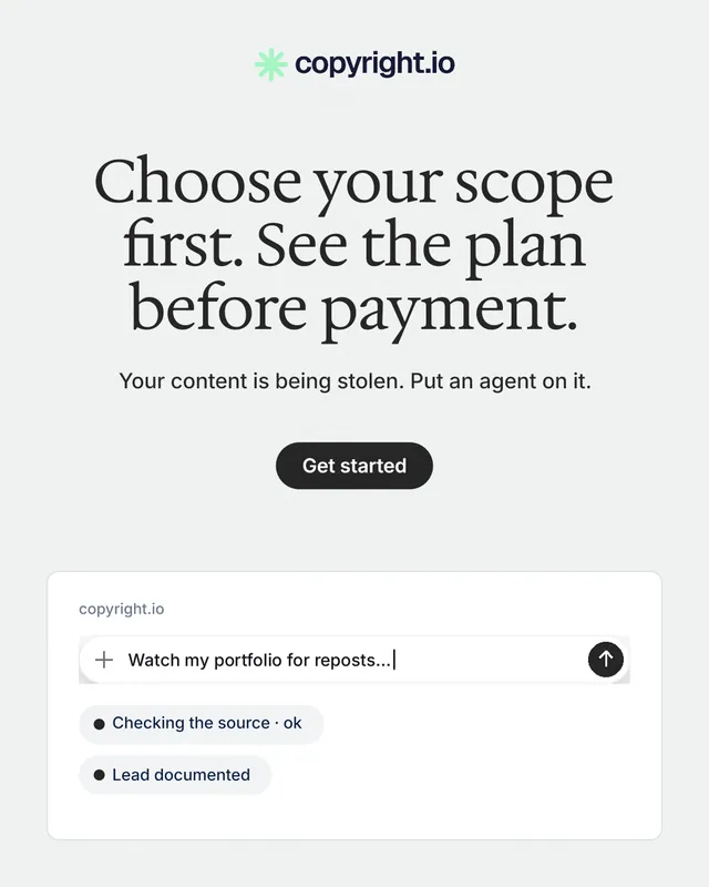 Instagram portrait post for copyright.io: "Choose your scope first. See the plan before payment." Data card style, centred layout, light palette in white.