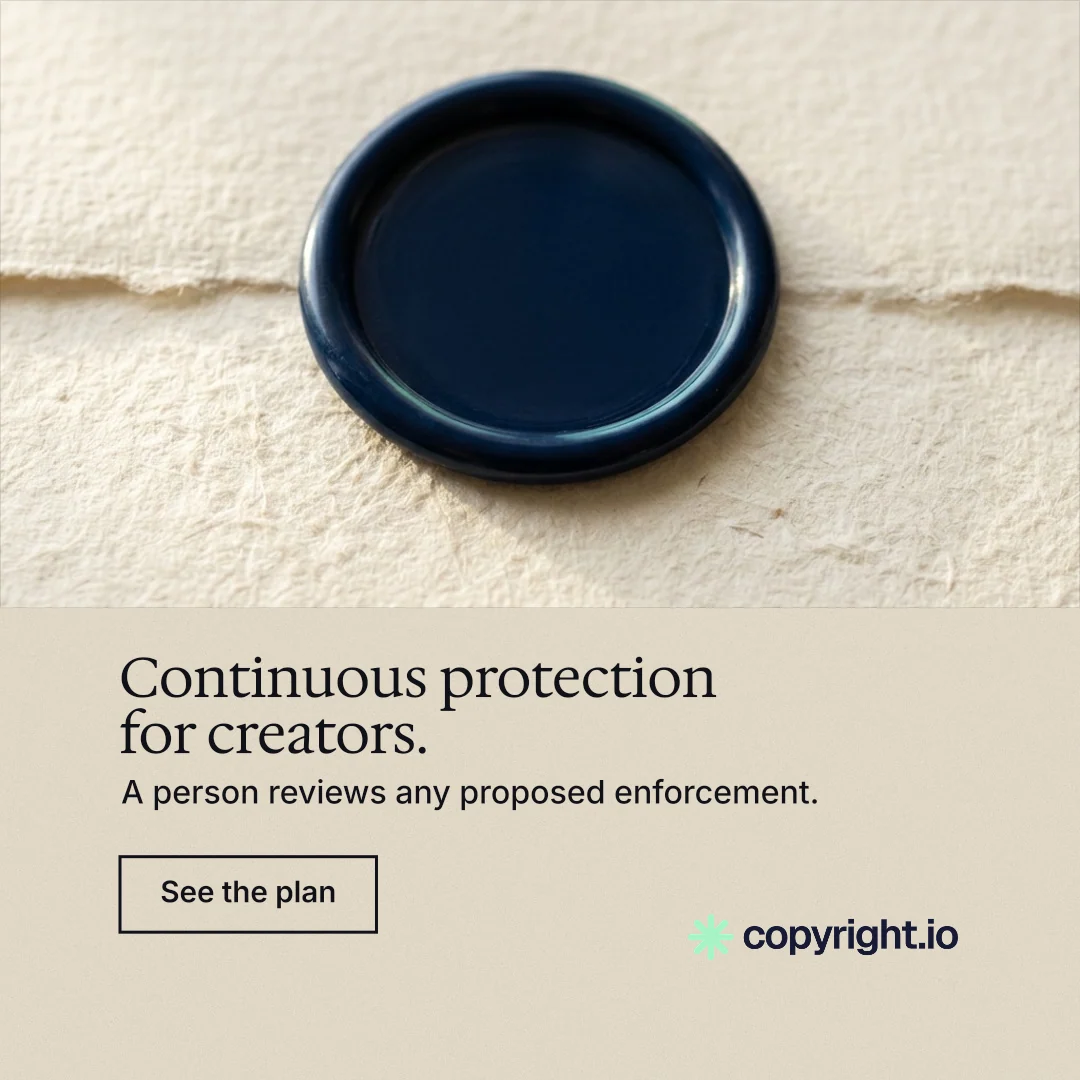 Instagram post for copyright.io: "Continuous protection for creators." Editorial style, bottom layout, light palette in orange, yellow, black.
