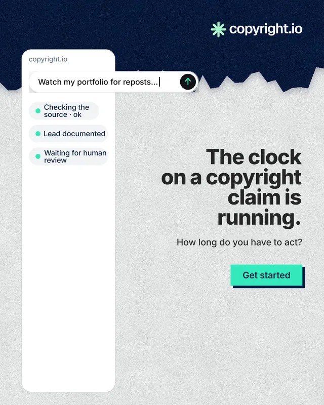 Instagram portrait post for copyright.io: "The clock on a copyright claim is running." Paper trio style, right layout, light palette in white, blue.