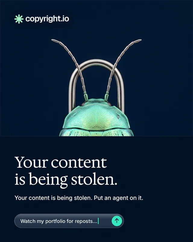 Instagram portrait post for copyright.io: "Your content is being stolen." Agentic glass style, bottom layout, dark palette in black, blue.