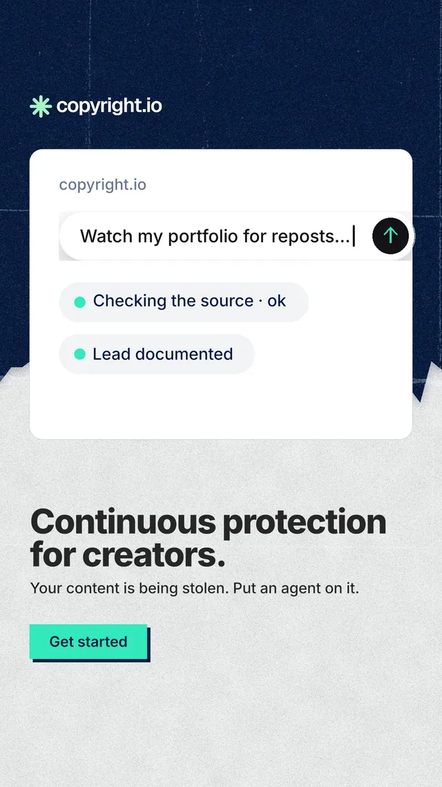 Instagram story for copyright.io: "Continuous protection for creators." Paper trio style, bottom layout, light palette in white, blue.