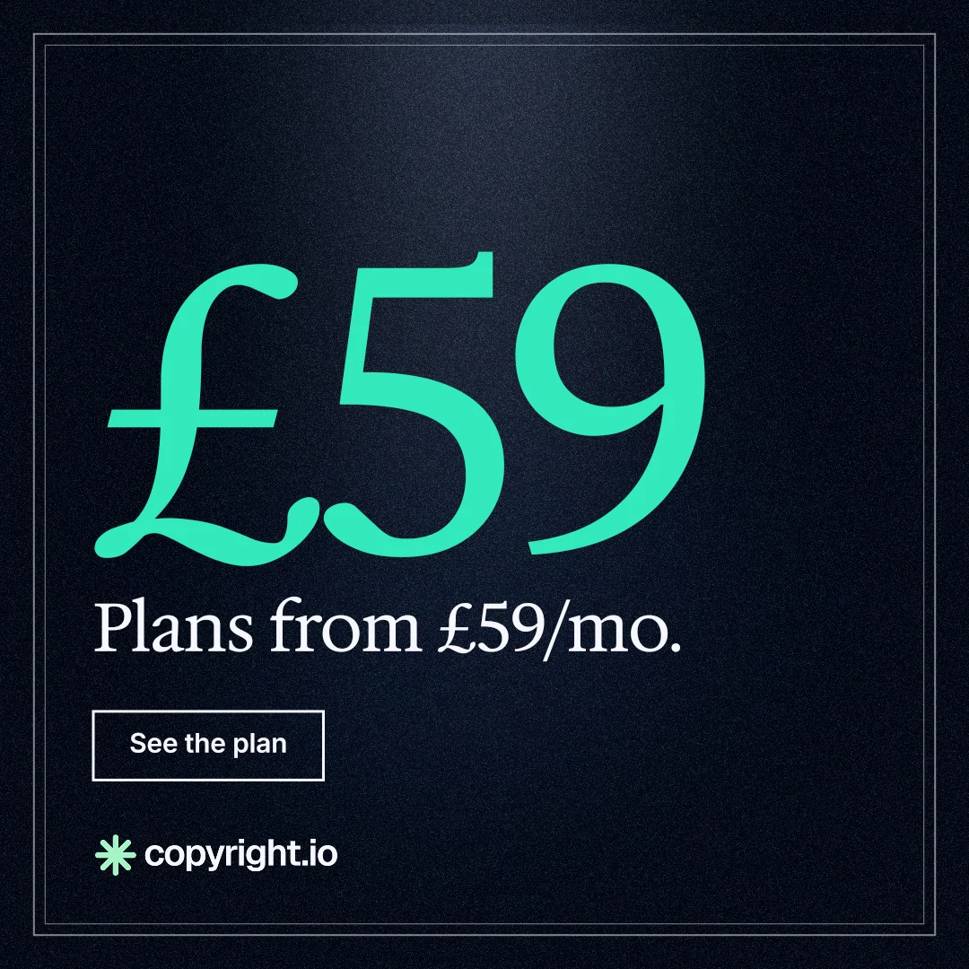 Instagram post for copyright.io: "Continuous protection for creator content." Dark deco style, stat layout, dark palette in black, teal.