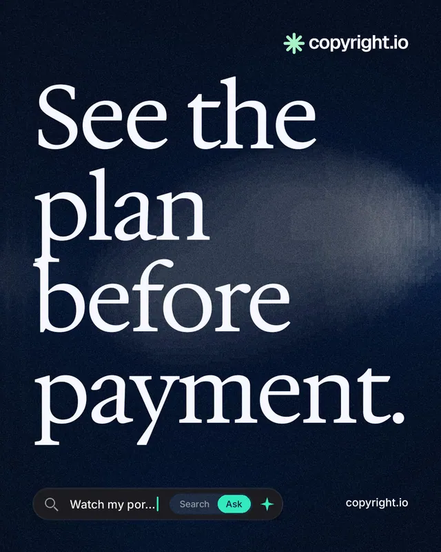 Instagram portrait post for copyright.io: "See the plan before payment." Thermal style, poster layout, dark palette in blue, black, grey.