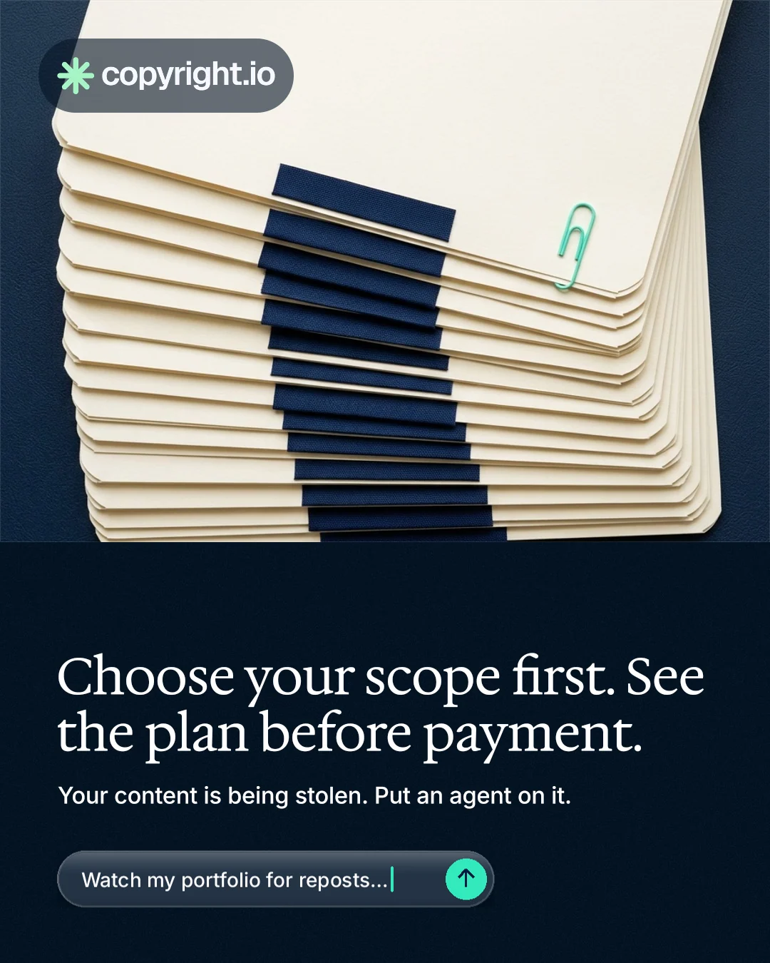Instagram portrait post for copyright.io: "Choose your scope first. See the plan before payment." Agentic glass style, bottom layout, dark palette in yellow, black, blue.