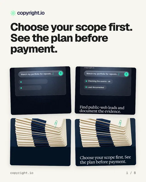 Carousel for copyright.io: "Choose your scope first. See the plan before payment.". Collection carousel, 8 slides, light palette.