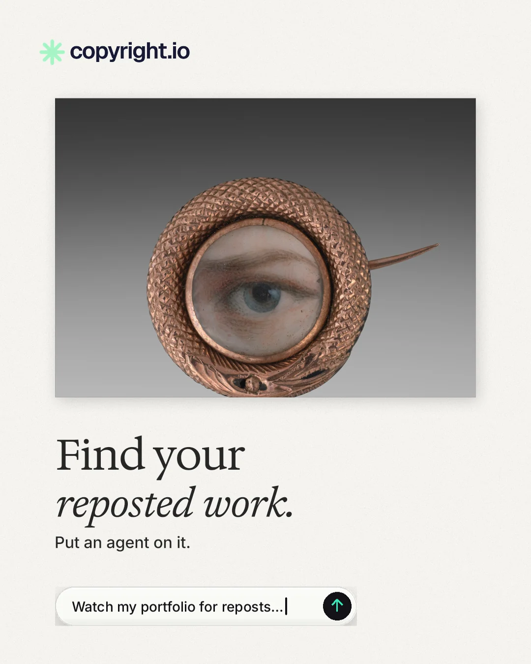 Instagram portrait post for copyright.io: "Find your reposted work." Agentic glass style, bottom layout, light palette in white, grey.