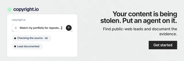 X header for copyright.io: "Your content is being stolen. Put an agent on it." Swiss style, right layout, light palette in white, grey.