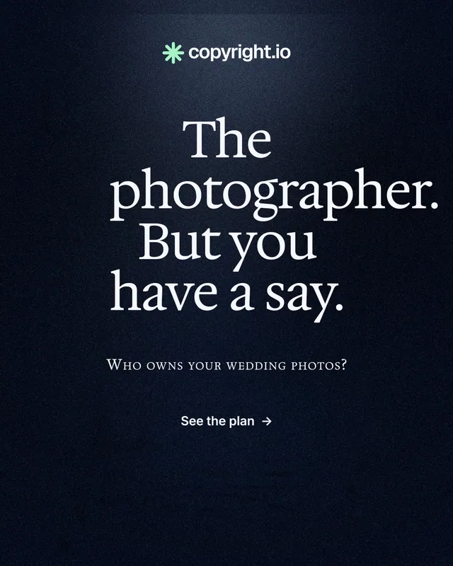 Instagram portrait post for copyright.io: "The photographer. But you have a say." Dark deco style, smallcaps layout, dark palette in black, grey.