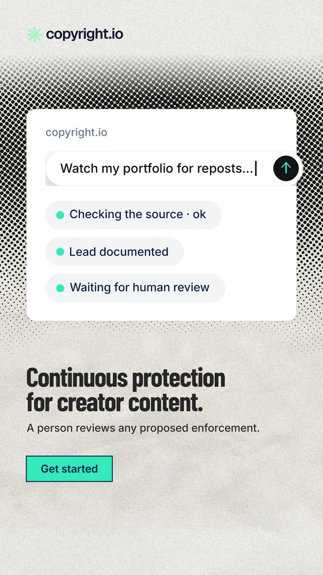Instagram story for copyright.io: "Continuous protection for creator content." Ink sticker style, bottom layout, light palette in white, grey.