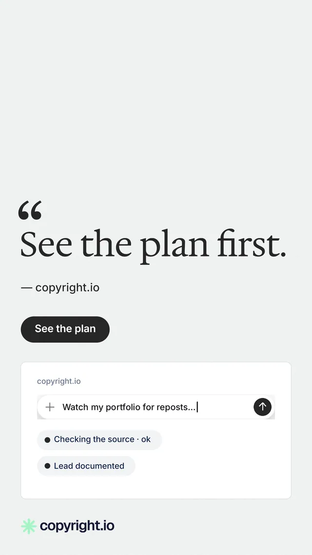 Instagram story for copyright.io: "See the plan first." Data card style, quote layout, light palette in white.