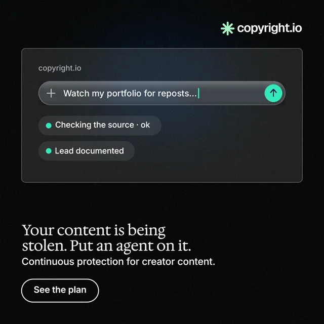 Instagram post for copyright.io: "Your content is being stolen. Put an agent on it." Phosphor atlas style, bottom layout, dark palette in black, grey.