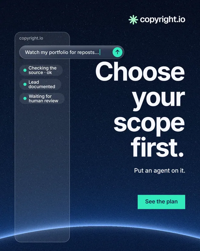 Instagram portrait post for copyright.io: "Choose your scope first." Swiss style, right layout, dark palette in blue, black.