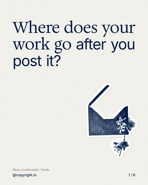 Carousel for copyright.io: "Where does your work go after you post it?". Cutout essay, 6 slides, light palette.